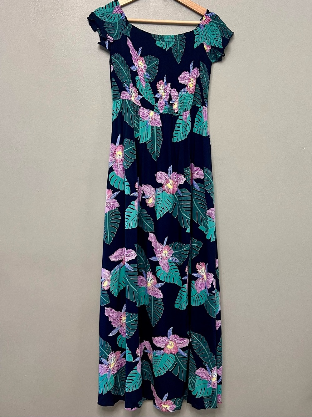 Lulus Patsy Navy Blue Tropical Floral Print Maxi Dress Smocked Off The Shoulder